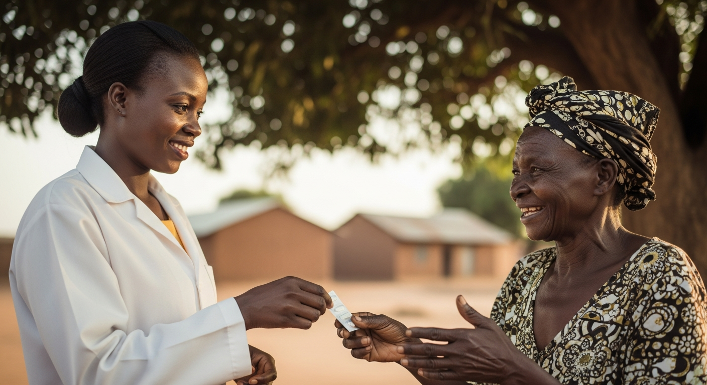 Doctoresse africaine remettant un médicament dans un village